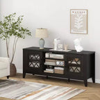 Mueble para TV de hasta 65 pulgadas con estantes ajustables de 3 posiciones y puertas de cristal templado, negro/azul cerceta