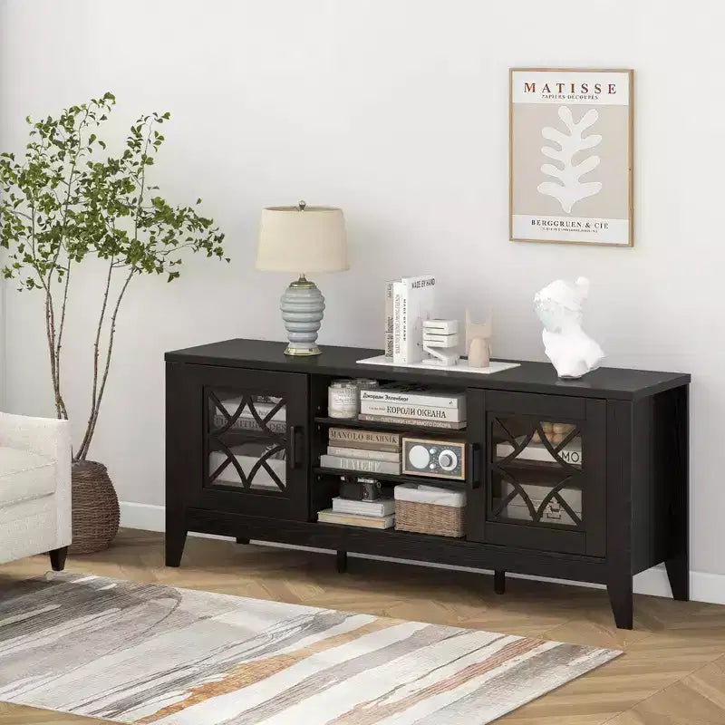 Mueble para TV de hasta 65 pulgadas con estantes ajustables de 3 posiciones y puertas de cristal templado, negro/azul cerceta
