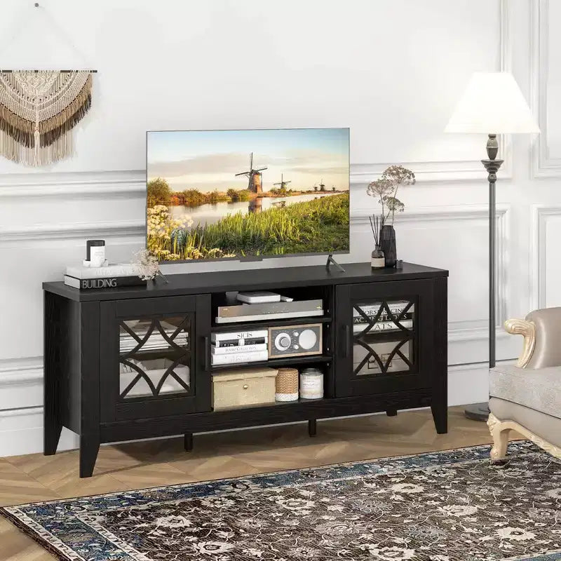 Mueble para TV de hasta 65 pulgadas con estantes ajustables de 3 posiciones y puertas de cristal templado, negro/azul cerceta