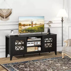 Mueble para TV de hasta 65 pulgadas con estantes ajustables de 3 posiciones y puertas de cristal templado, negro/azul cerceta