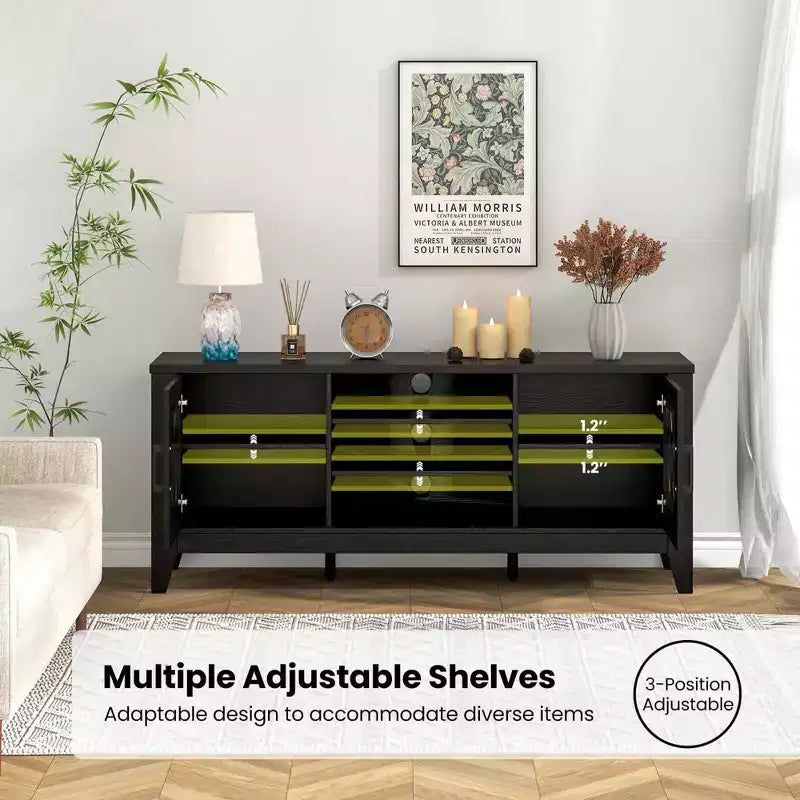 Mueble para TV de hasta 65 pulgadas con estantes ajustables de 3 posiciones y puertas de cristal templado, negro/azul cerceta