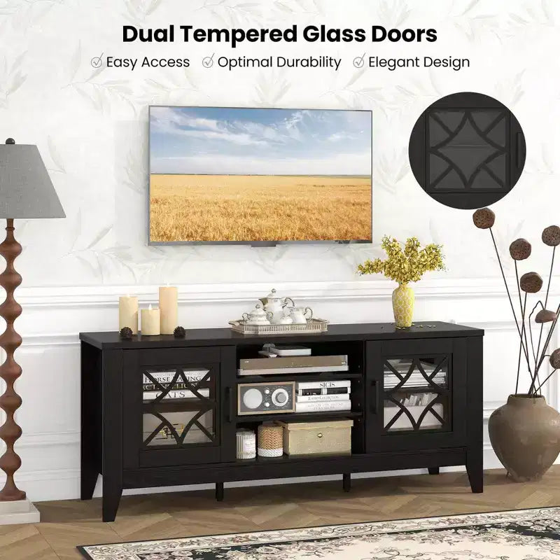 Mueble para TV de hasta 65 pulgadas con estantes ajustables de 3 posiciones y puertas de cristal templado, negro/azul cerceta