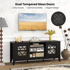 Mueble para TV de hasta 65 pulgadas con estantes ajustables de 3 posiciones y puertas de cristal templado, negro/azul cerceta