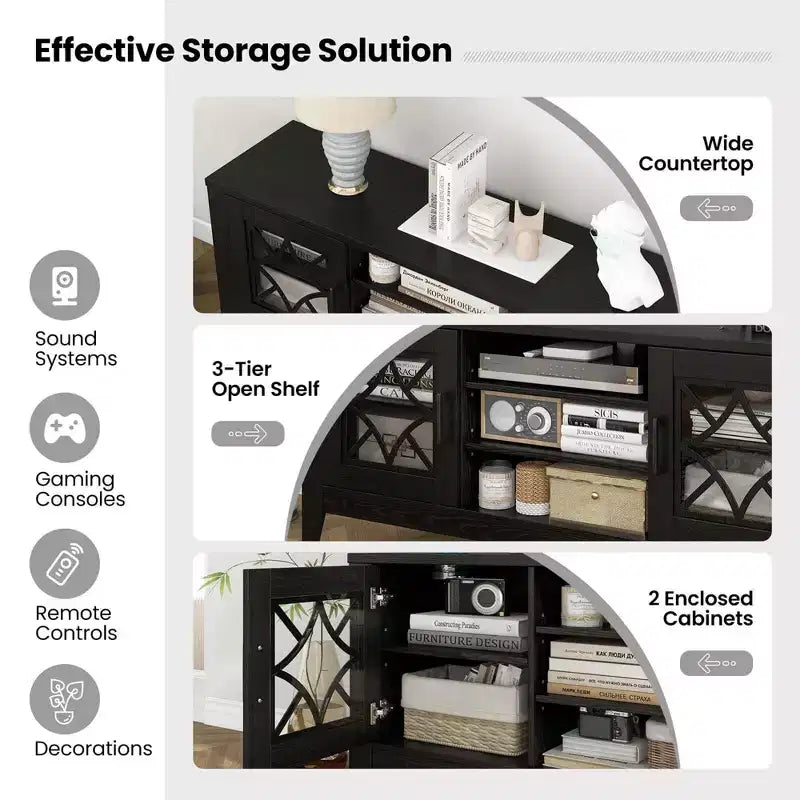 Mueble para TV de hasta 65 pulgadas con estantes ajustables de 3 posiciones y puertas de cristal templado, negro/azul cerceta