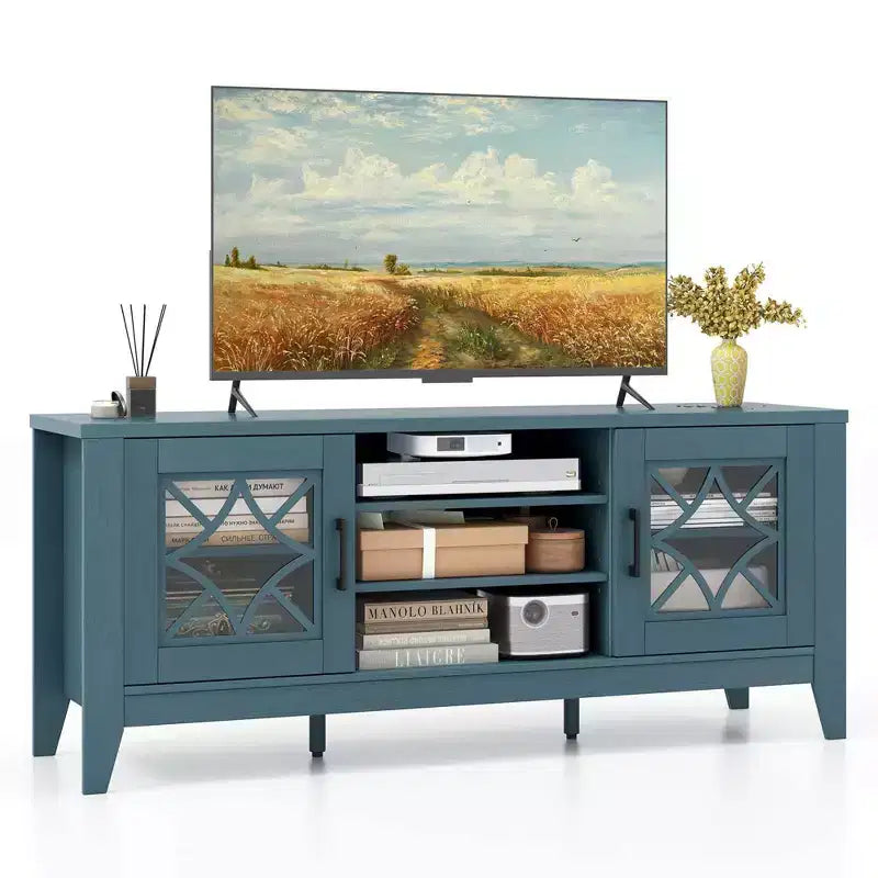 Mueble para TV de hasta 65 pulgadas con estantes ajustables de 3 posiciones y puertas de cristal templado, negro/azul cerceta