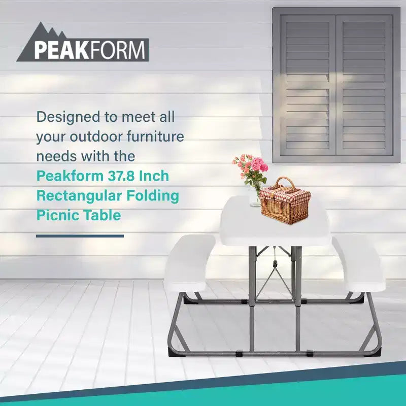 Mesa de picnic rectangular plegable de 37.8 pulgadas, muebles duraderos multiusos para interior y exterior con asientos de doble banco, blanco/negro