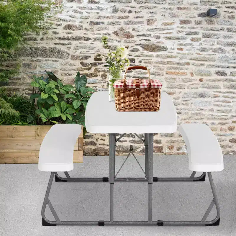 Mesa de picnic rectangular plegable de 37.8 pulgadas, muebles duraderos multiusos para interior y exterior con asientos de doble banco, blanco/negro