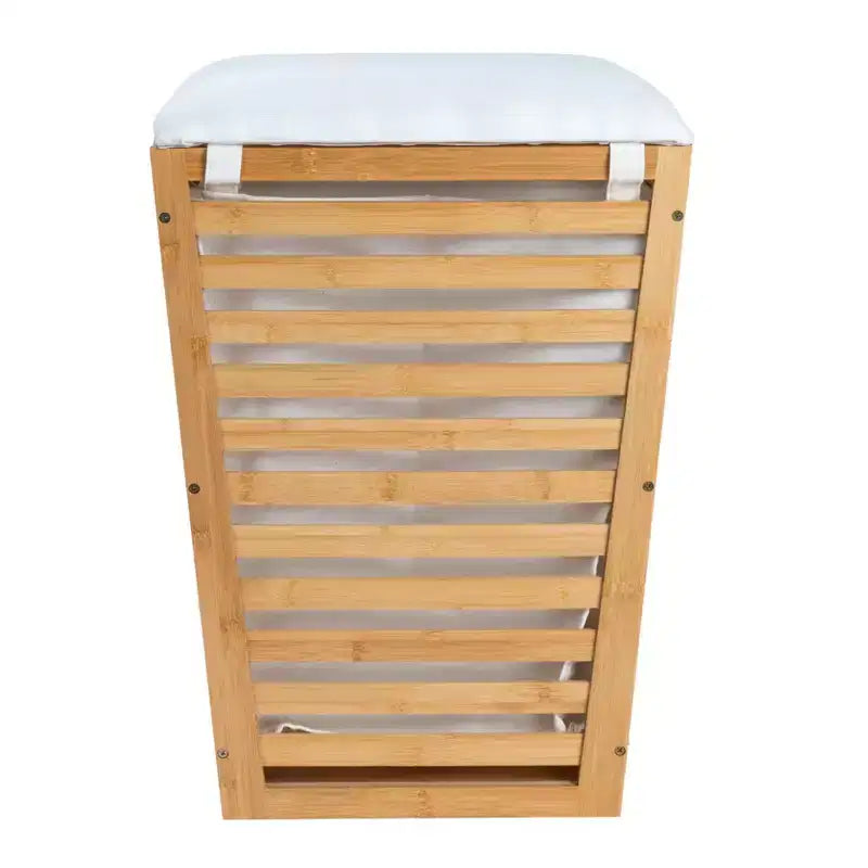 Cesto de Ropa Sucia de Bambú Natural Laminado con Tapa Acolchada y Bolsa de Algodón Removible, Natural