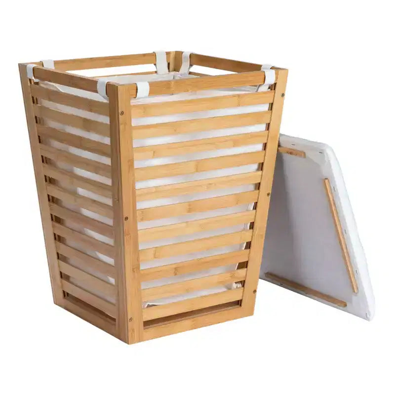 Cesto de Ropa Sucia de Bambú Natural Laminado con Tapa Acolchada y Bolsa de Algodón Removible, Natural