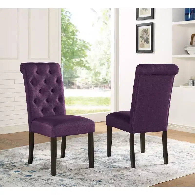 Roundhill Furniture Leviton Solid Wood Tufted Asons Dining Chair, Purple, Set of 2